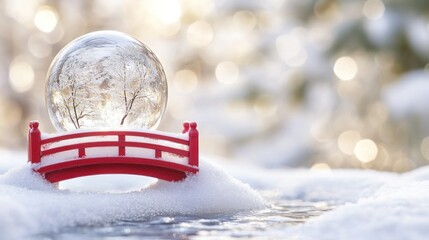 Enchanting winter scenery with snow globe and red bridge on frozen water