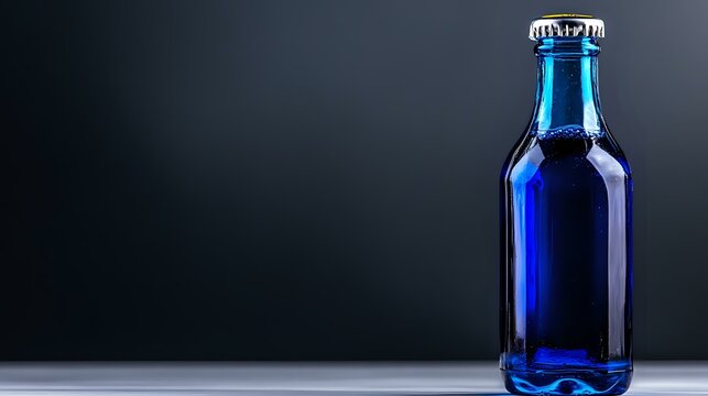 Vibrant cobalt blue glass bottle with metal cap on dark background, dramatic side lighting creates elegant reflection on glossy surface. Minimalist beverage presentation. - Powered by Adobe