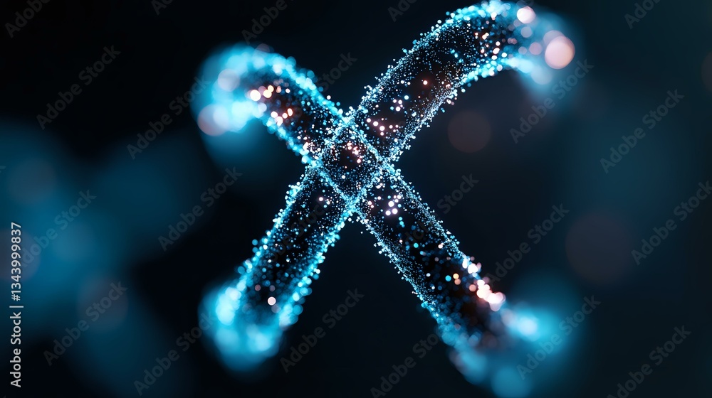Poster glowing blue x shape formed by sparkling particles and light trails against dark background, creatin