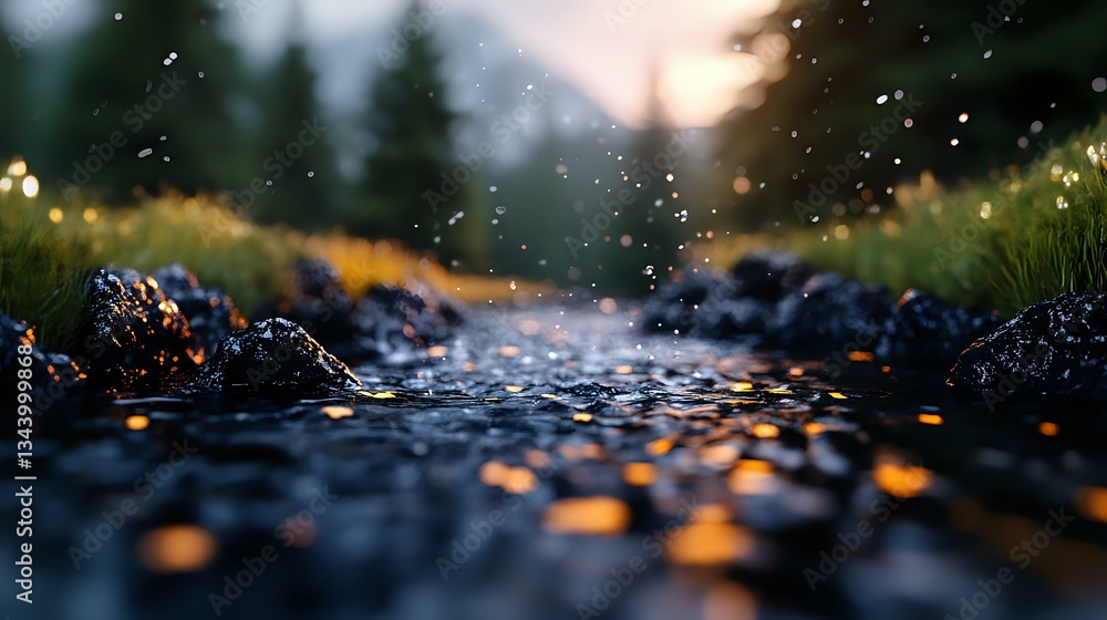 Poster raindrops splashing on dark wet surface with golden bokeh lights at sunset, close up macro view crea