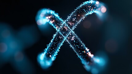 Glowing blue X shape formed by sparkling particles and light trails against dark background, creating magical luminous effect with bokeh elements.