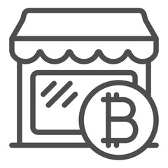 Shop facade with bitcoin line icon, shopping finance concept. Vector graphics. Store front with money coin sign on white background, outline style icon for mobile or web design.