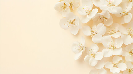 Obraz premium Delicate white blossoms scattered on a beige background, ideal for greeting cards or websites