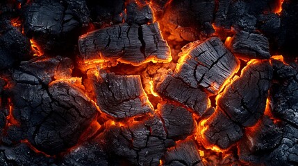 Glowing embers burning intensely in dark fireplace