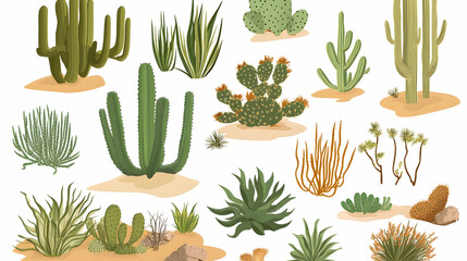 Desert Plants Collection Various Cacti and Succulents in Arid Landscape