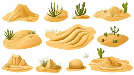 Desert sand dunes and cacti illustrations; landscape design elements; background for game or website