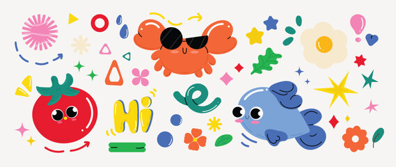 Set of funky groovy element vector. Collection of cartoon characters, cute doodle dawn, crab, fish, tomato, sparkle, leaf, flower. Retro hippie design for decorative, sticker, toys and kids. 