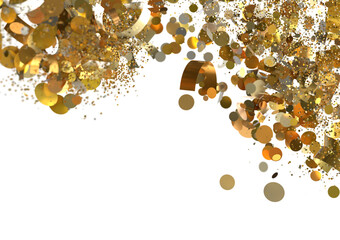 Golden confetti explosion on white. Perfect for party, celebration, or luxury designs.