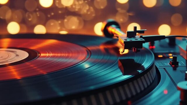 The image captures a vibrant turntable and a spinning vinyl record. Soft bokeh lights enhance the nostalgic atmosphere. Ideal for music and retro themed projects. AI