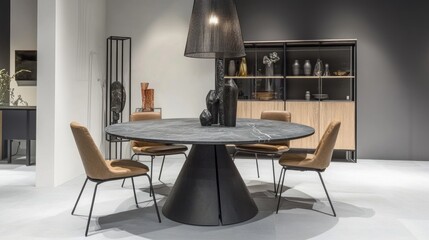 Modern dining table display, showroom, contemporary interior design