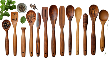 Kitchen Harmony: An exquisite display of wooden spoons and utensils artfully arranged against a clean backdrop, showcasing the artistry and warmth of culinary essentials.