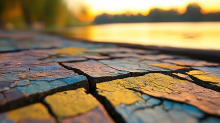 Naklejka premium Vibrant Textured Surface with Cracked Paint and Scenic Sunset View