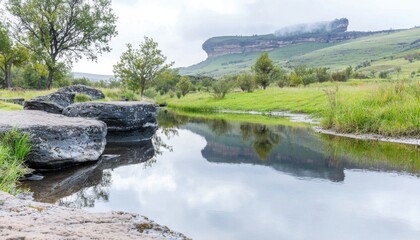 Discover the serene beauty of nature's canvas a serpentine river gracefully meanders through an expansive valley, reflecting a vibrant sky painted with breathtaking hues of pink and orange Witness