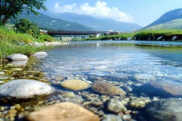 Discover the serenity of a dreamy river with perfect clarity, mystical fog above the water enhancing its ethereal beauty This mesmerizing landscape captures the gentle flow of nature, reflecting the