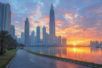 Fototapeta premium A beautiful sunrise illuminates the city skyline over calm water