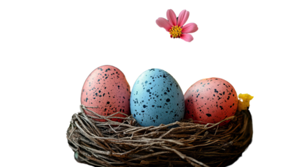Easter Eggs in Nest: A colorful depiction of Easter, featuring three speckled eggs nestled in a woven bird's nest, evoking the joy and renewal associated with the holiday.