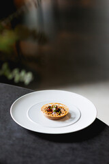close up view of haute cuisine starter appetiser liver pate on a white plate on grey stone...