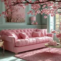 Serene spring interior, a pink tufted couch under blooming cherry blossoms