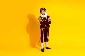 Young man in a nobleman's costume on a vibrant yellow backdrop evoking medieval history and...