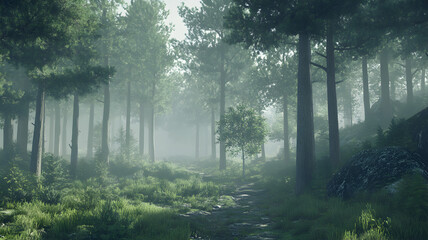 Obraz premium Sunbeams Filtering Through Misty Forest Canopy in Morning Light