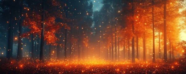 Dreamy Ethereal Forest Background with Glowing Trees and Autumn Colors