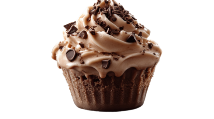 Chocolate cupcake Delight: A delectable chocolate cupcake topped with swirls of creamy chocolate frosting and scattered chocolate chips, a tempting treat for any occasion.