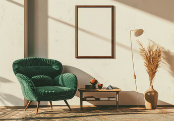 A stylish mid-century modern living room featuring a green armchair, wooden furniture, blank wall frame, and warm natural sunlight for a cozy atmosphere.