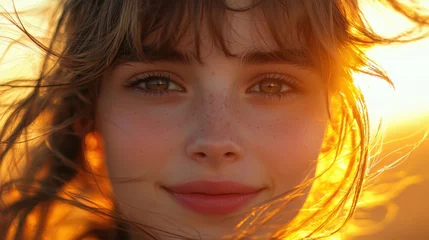 Poster Experience serene beauty with a close-up of a womans face as she smiles gently, wind playing with her loose curls, her natural beauty glowing in golden light Witness the magic as sun-kissed skin