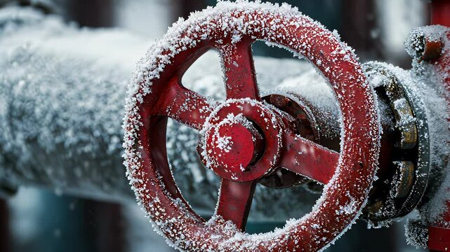 Frozen valve in snowy conditions captures the harshness of winter on industrial equipment