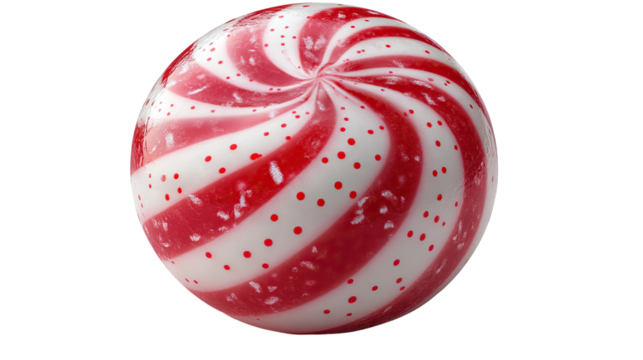 Swirly Candy Sphere: A close-up shot of a vibrant swirly candy sphere, featuring a spiral design of red and white stripes, inviting a sensory experience