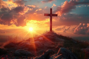 Obraz premium Cross on Rocky Hilltop at Sunset, Jesus Christ Crucifix Symbolizing Faith and Resurrection