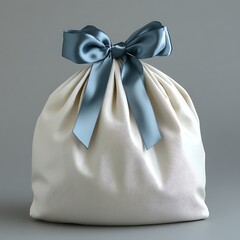 Elegant white cloth bag tied with a blue satin ribbon and bow on grey backdrop