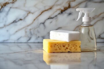 Cleaning supplies resting on a marble countertop surface Generative AI