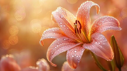 Fototapeta premium Experience the ethereal beauty of Pink lilies with dewdrops under golden morning light, a breathtaking nature close-up capturing the delicate details of nature's artistry Discover floral elegance in