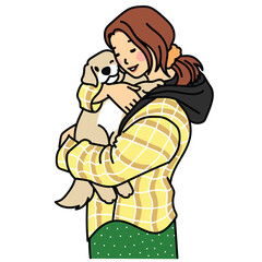Dog people holding her animal cute cartoon puppy and lady drawing vector art