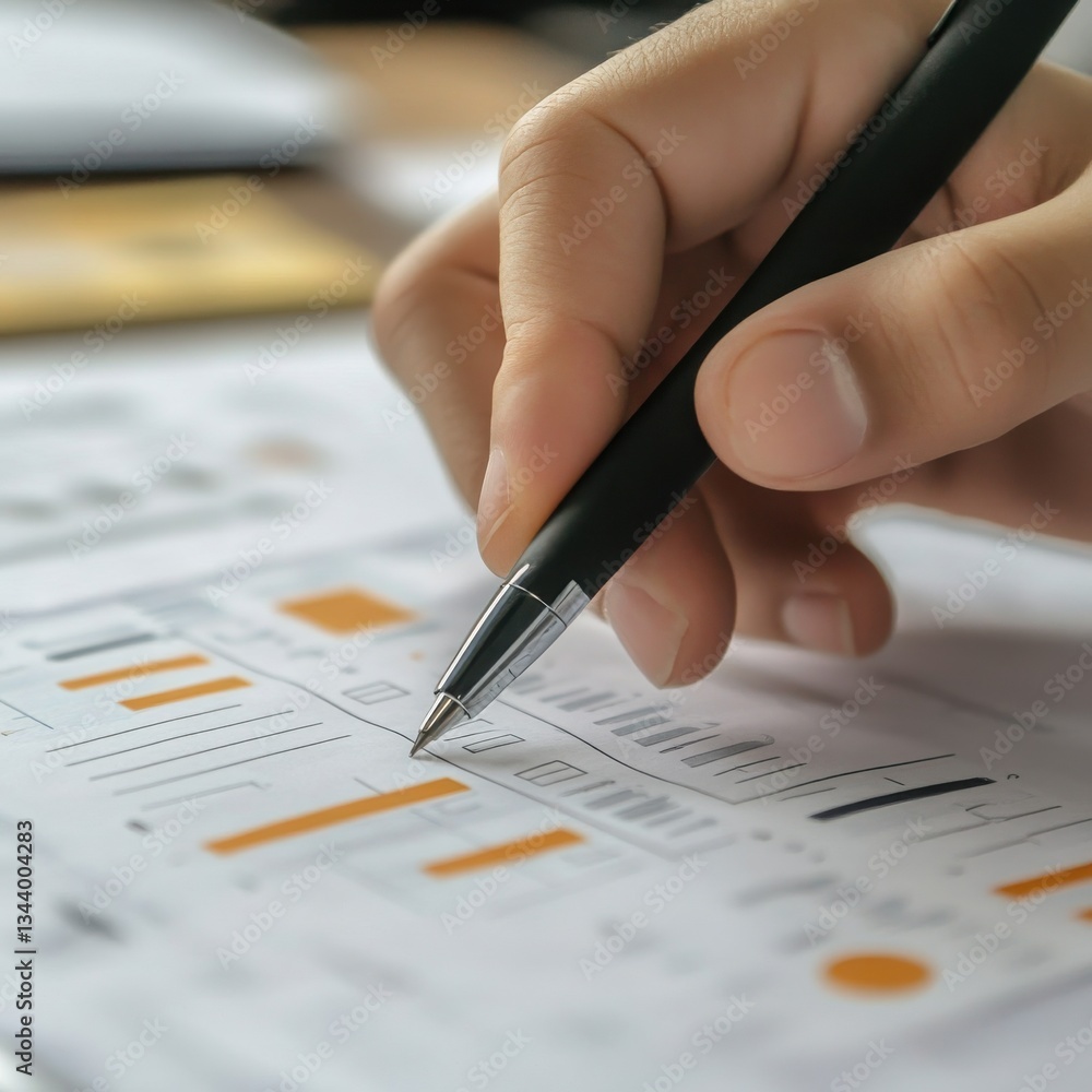 Poster closeup of a hand writing on a document with charts and graphs