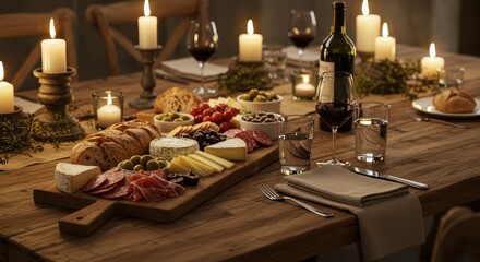 Delicious Charcuterie Board with Wine and Candles on Rustic Table
