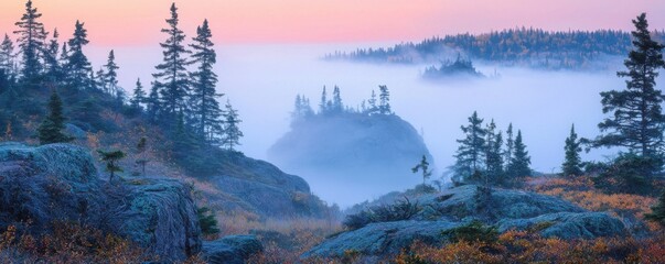 Experience the serene beauty of nature with this captivating image showcasing enchanted cliffs standing above a sea of dense morning mist Observe the ethereal atmosphere as the sun gently illuminates