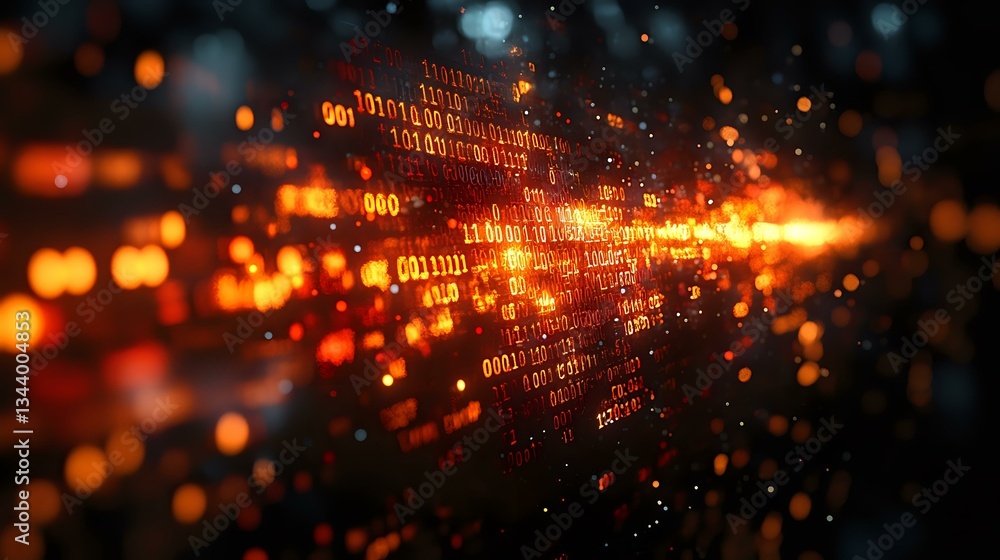 Poster digital binary code streaming with glowing orange light particles and bokeh effects against dark bac