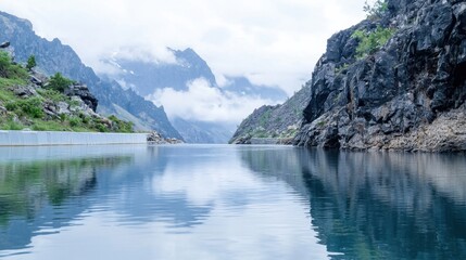 Experience the serenity of nature with this breathtaking view of a smooth-flowing mountain river with a soft mist rising above its crisp, clear waters Witness the tranquil beauty of a mountain scene