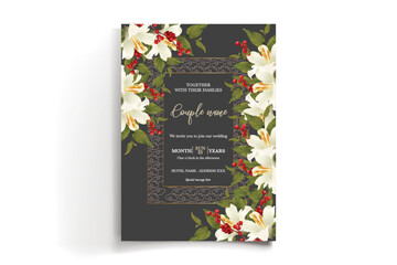 WEDDING INVITATION FRAME WITH FLOWER DECORATIONS AND FRESH LEAVES