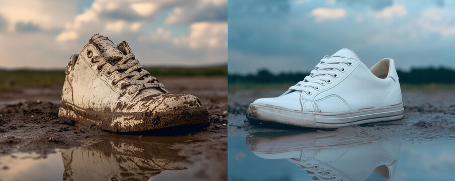 Comparison of dirt-covered shoes and pristine white sneakers highlighting contrasting states, locations, and lifestyles