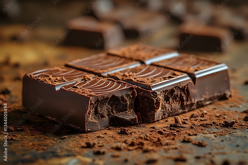 Poster dark chocolate bar broken in pieces showing rich texture and layers with cocoa powder scattered on r