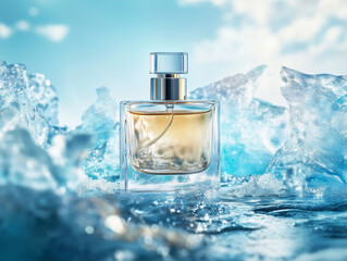 Luxury Perfume Bottle with Ice and Water. Perfume Still Life with Ice Splash. High-End Perfume Advertising Concept