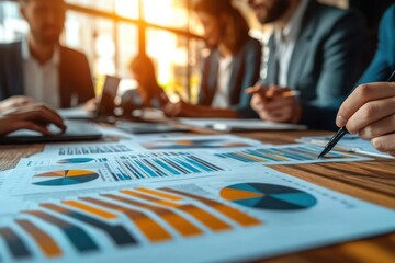 business team meeting analyzing financial charts graphs statistics in busy office setting with colleagues