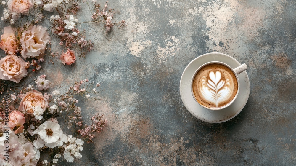 Poster a stunning cup of coffee sits elegantly on a textured surface, featuring detailed latte art. surroun