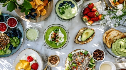 Vibrant vegan brunch spread with fresh fruits and smoothies.