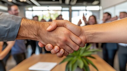 Entrepreneurs shake hands, celebrating a milestone in a vibrant startup event, embodying success and collaboration