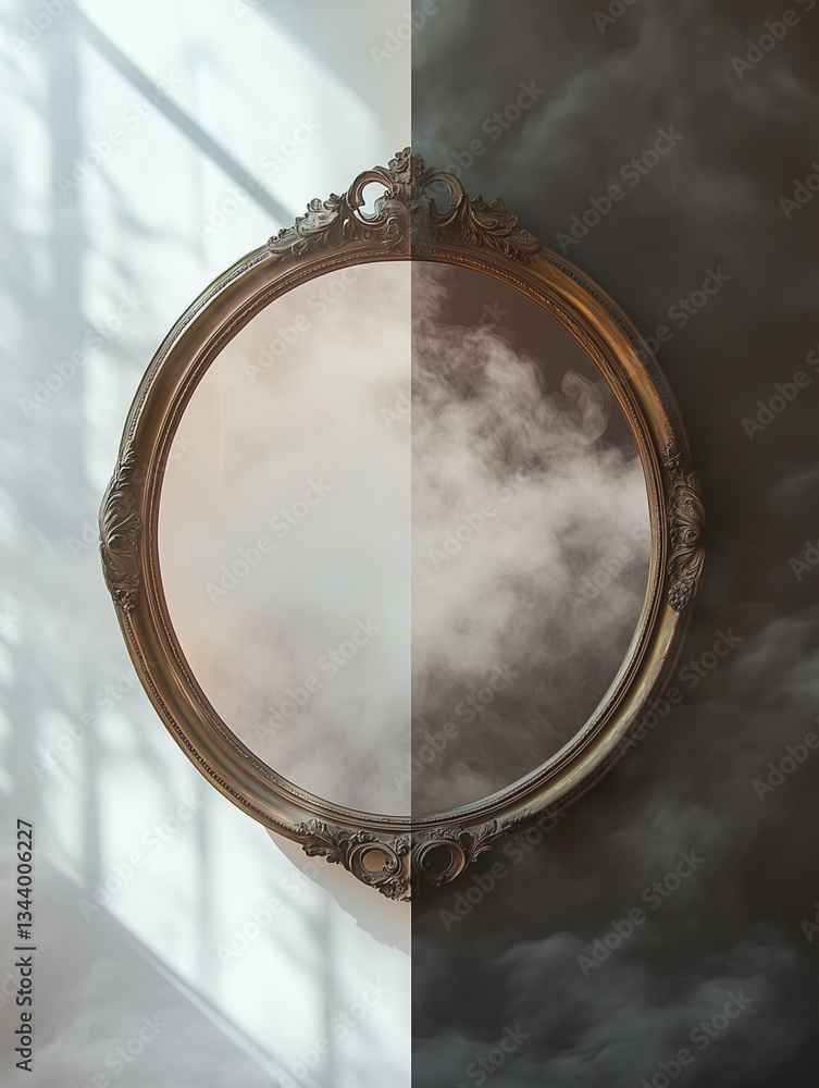 Aufkleber contrast of foggy mirror and clear reflection showcasing different perceptions in a serene setting