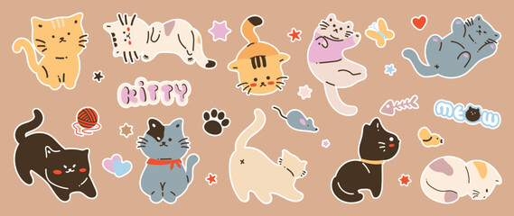 Set of cute cat sticker vector. Lovely cat and friendly doodle pattern in different poses and breeds. Adorable funny pet and many characters hand drawn collection for T-shirt, sticker, pet shop.  © TWINS DESIGN STUDIO